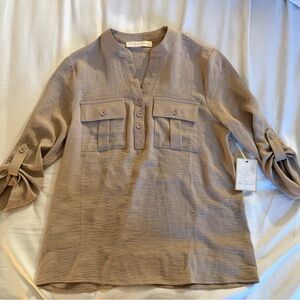 Women's Taupe Button-Front Pocket Tunic Shirt